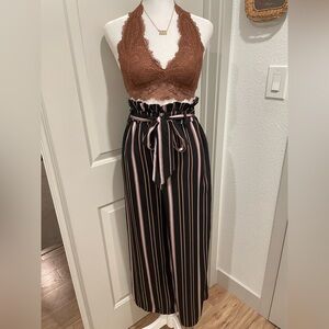 Xhilaration Black & Brown Vertical Striped Belted Paperbag Waist Pants - XS